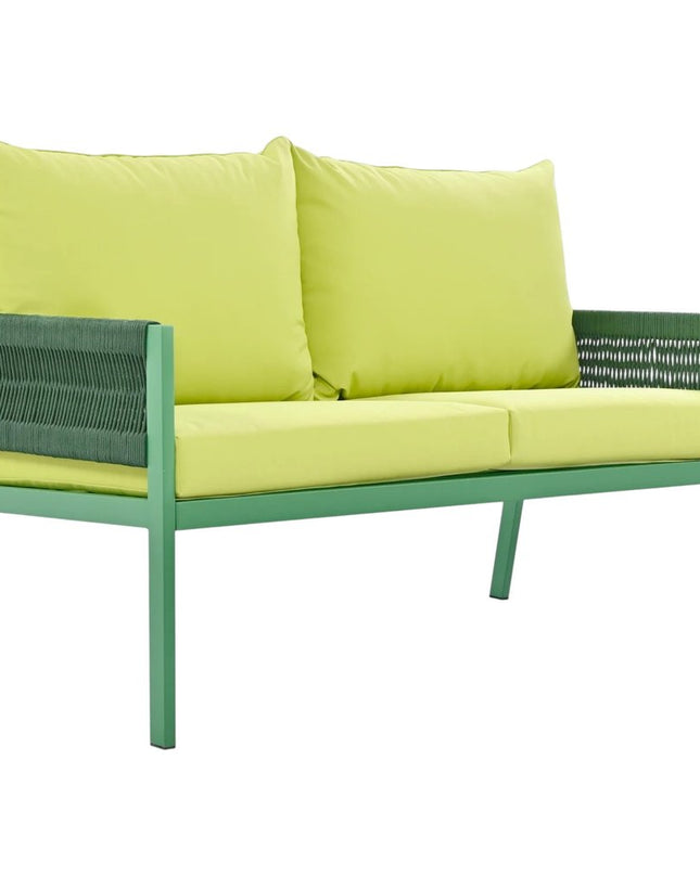 Four Piece Green and Light Green Metal Upholstered Cushions Sofa Seating Group With Table