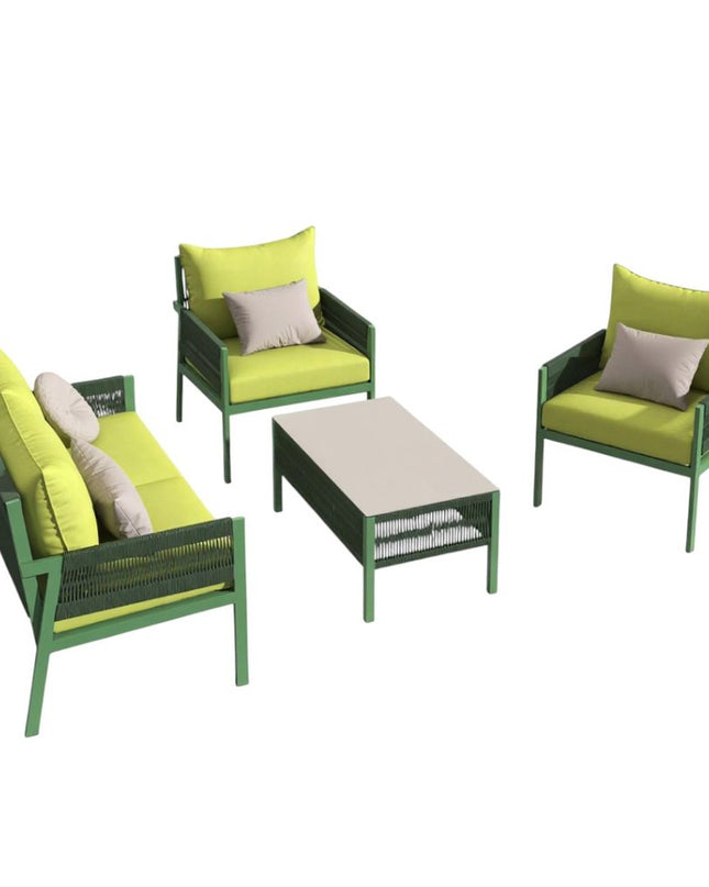 Four Piece Green and Light Green Metal Upholstered Cushions Sofa Seating Group With Table