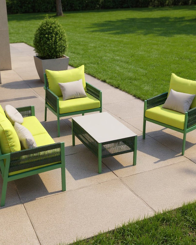 Four Piece Green and Light Green Metal Upholstered Cushions Sofa Seating Group With Table