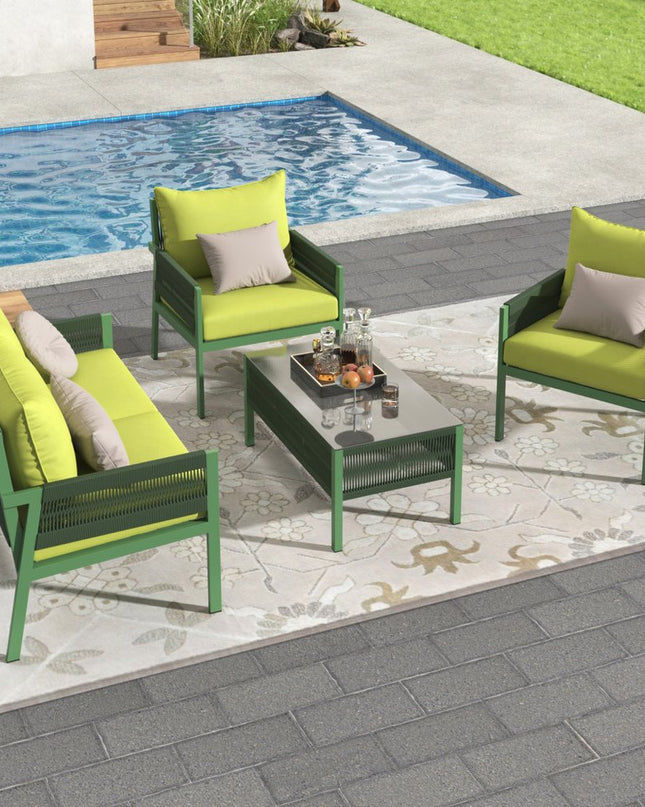 Four Piece Green and Light Green Metal Upholstered Cushions Sofa Seating Group With Table