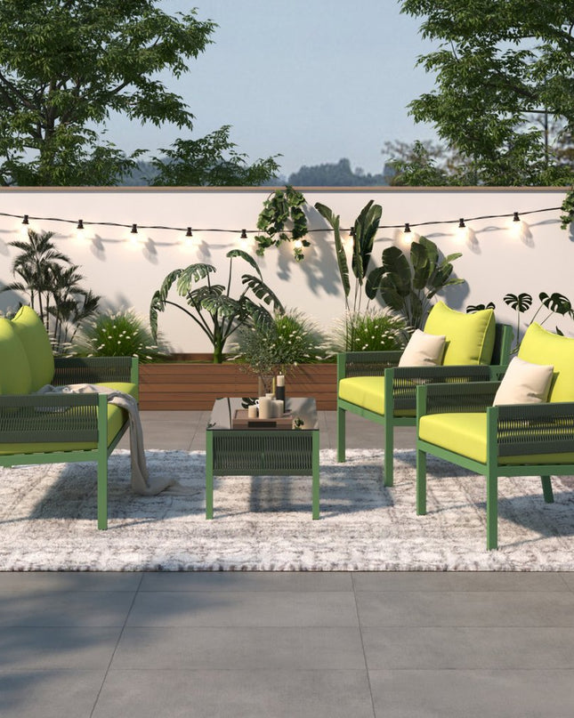Four Piece Green and Light Green Metal Upholstered Cushions Sofa Seating Group With Table