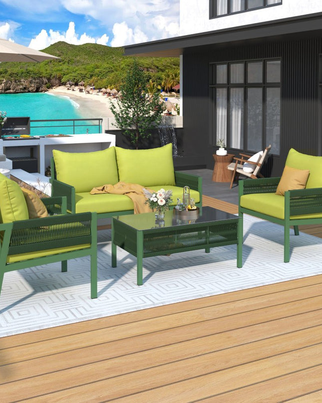 Four Piece Green and Light Green Metal Upholstered Cushions Sofa Seating Group With Table