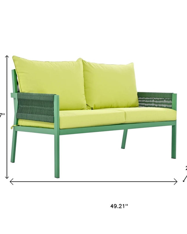 Four Piece Green and Light Green Metal Upholstered Cushions Sofa Seating Group With Table