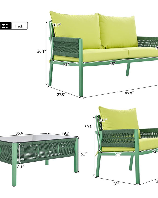 Four Piece Green and Light Green Metal Upholstered Cushions Sofa Seating Group With Table