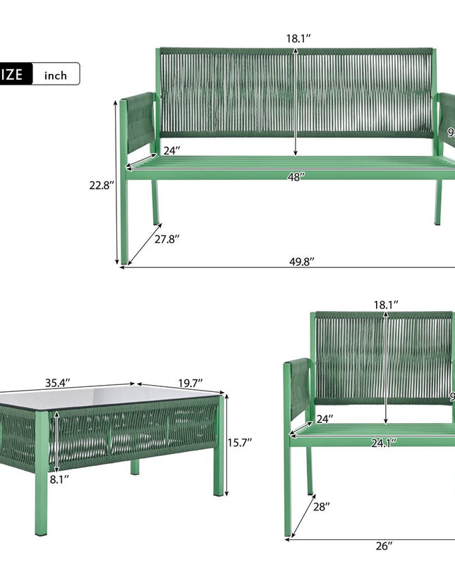 Four Piece Green and Light Green Metal Upholstered Cushions Sofa Seating Group With Table