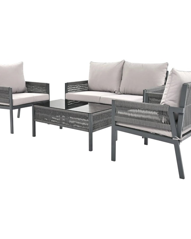 Four Piece Gray Metal Upholstered Cushions Sofa Seating Group With Table