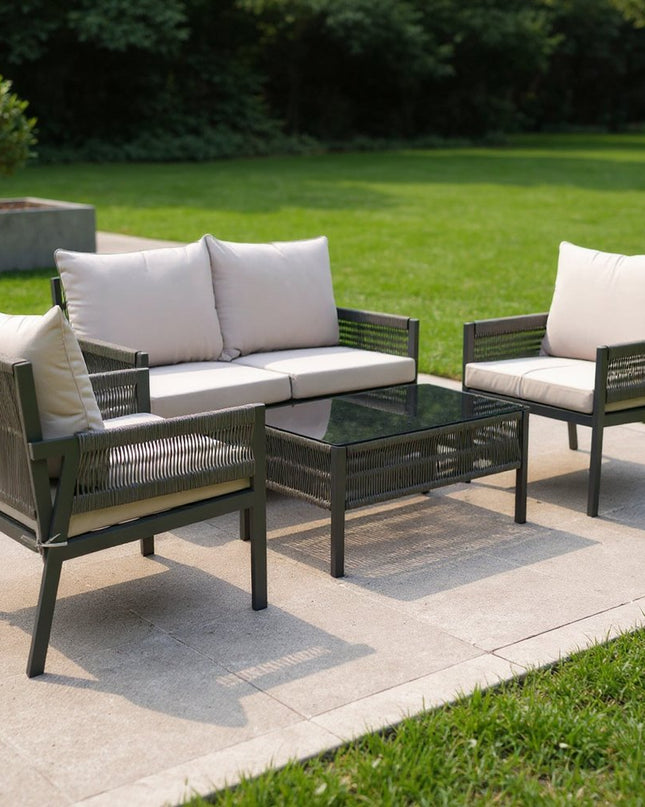 Four Piece Gray Metal Upholstered Cushions Sofa Seating Group With Table