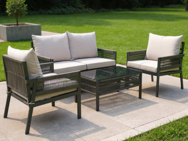 Four Piece Gray Metal Upholstered Cushions Sofa Seating Group With Table