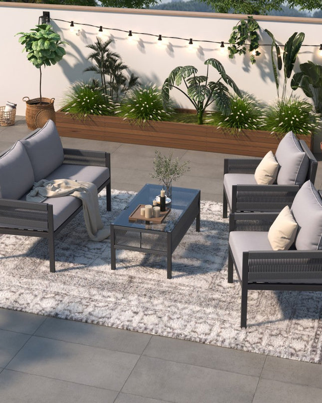 Four Piece Gray Metal Upholstered Cushions Sofa Seating Group With Table