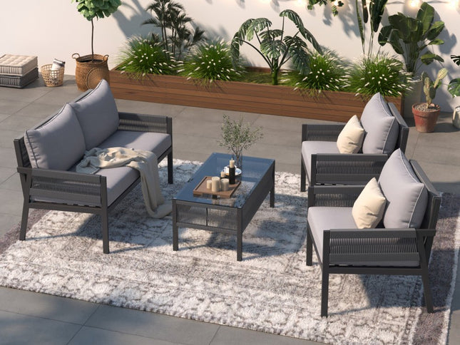 Four Piece Gray Metal Upholstered Cushions Sofa Seating Group With Table