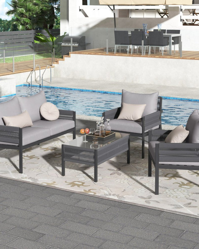 Four Piece Gray Metal Upholstered Cushions Sofa Seating Group With Table