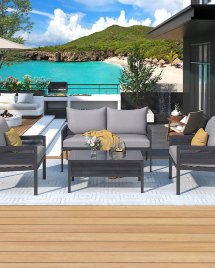 Four Piece Gray Metal Upholstered Cushions Sofa Seating Group With Table