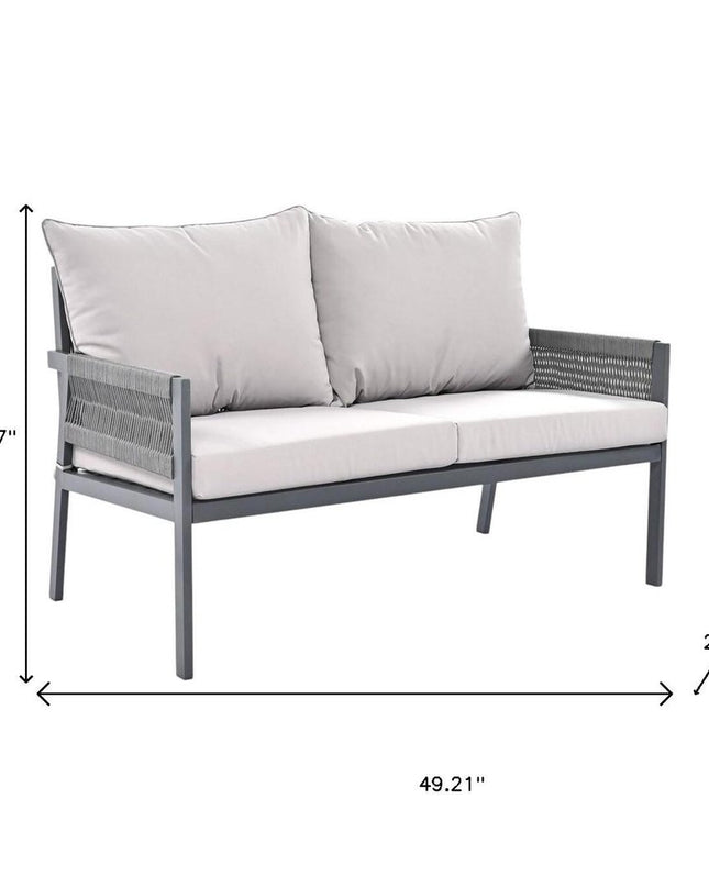 Four Piece Gray Metal Upholstered Cushions Sofa Seating Group With Table