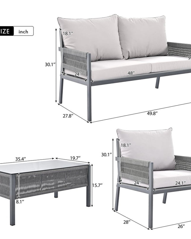 Four Piece Gray Metal Upholstered Cushions Sofa Seating Group With Table