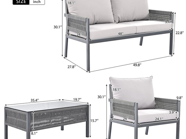 Four Piece Gray Metal Upholstered Cushions Sofa Seating Group With Table