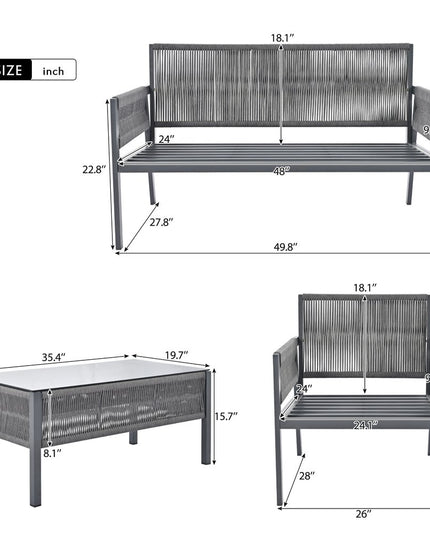 Four Piece Gray Metal Upholstered Cushions Sofa Seating Group With Table