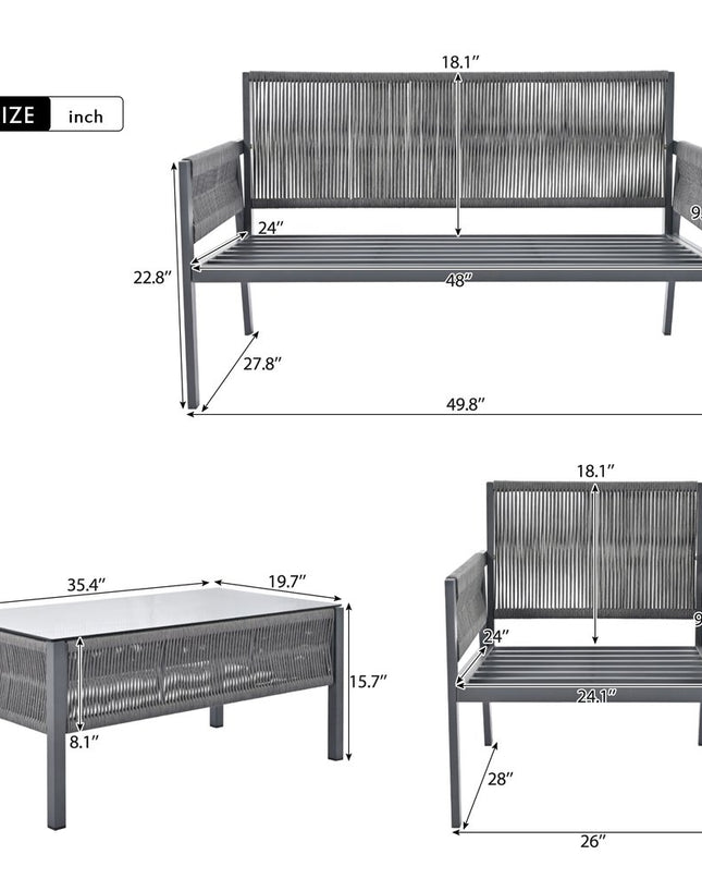 Four Piece Gray Metal Upholstered Cushions Sofa Seating Group With Table