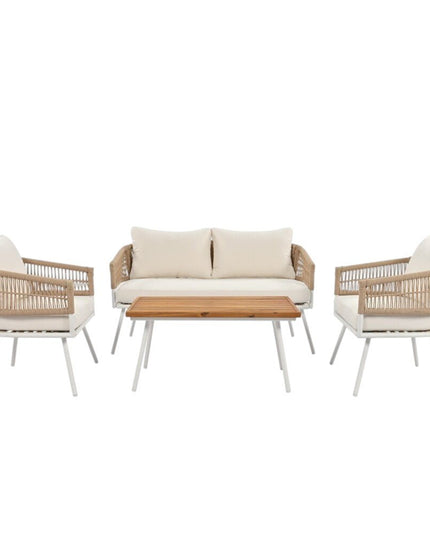 Six Piece White and Beige Metal Upholstered Cushions Sofa Seating Group With Table