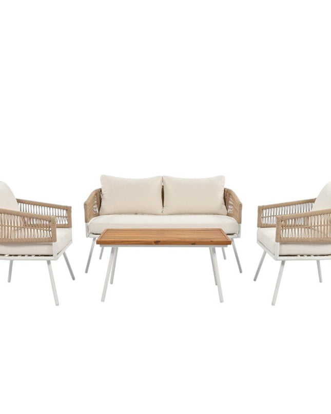 Six Piece White and Beige Metal Upholstered Cushions Sofa Seating Group With Table