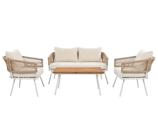 Six Piece White and Beige Metal Upholstered Cushions Sofa Seating Group With Table