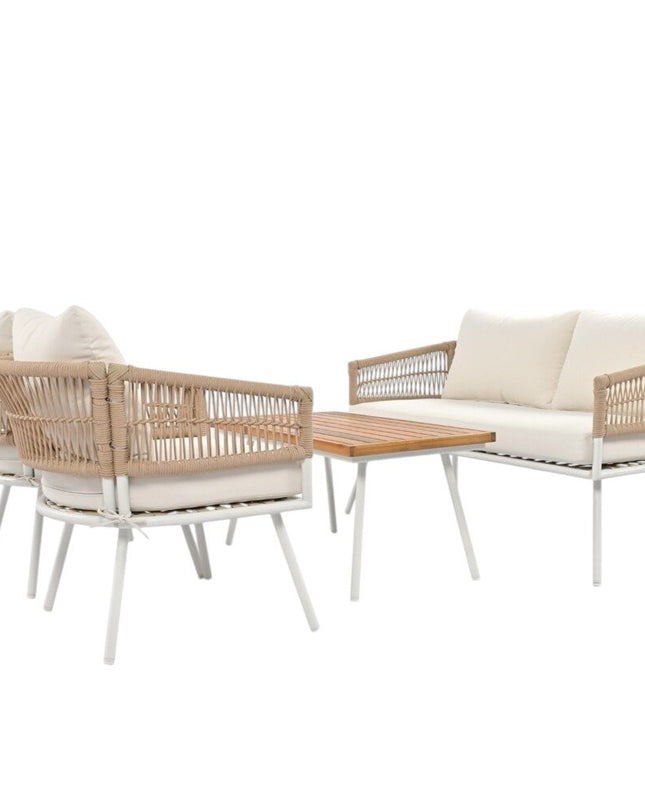 Six Piece White and Beige Metal Upholstered Cushions Sofa Seating Group With Table