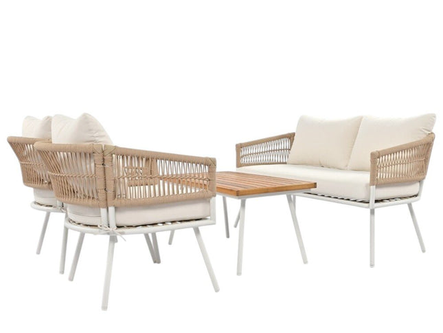 Six Piece White and Beige Metal Upholstered Cushions Sofa Seating Group With Table