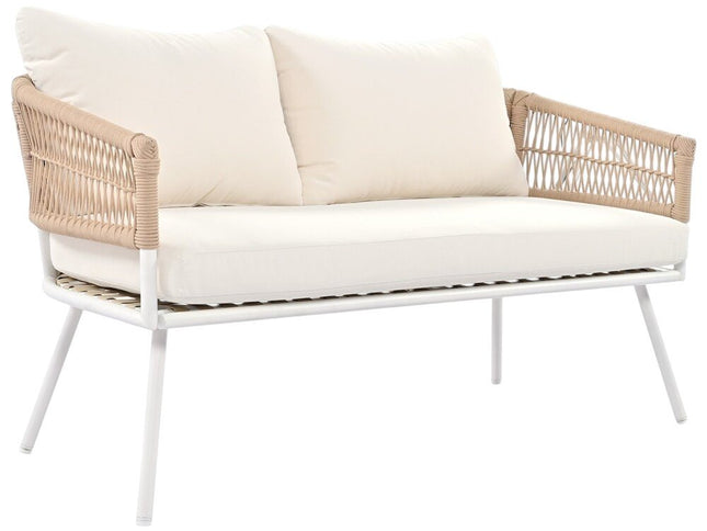 Six Piece White and Beige Metal Upholstered Cushions Sofa Seating Group With Table