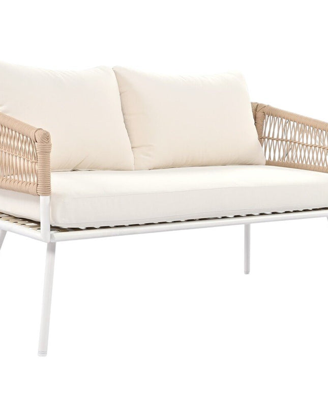 Six Piece White and Beige Metal Upholstered Cushions Sofa Seating Group With Table