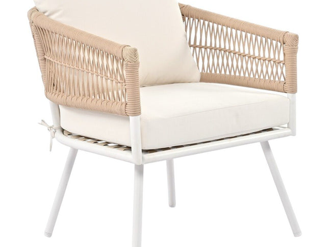 Six Piece White and Beige Metal Upholstered Cushions Sofa Seating Group With Table