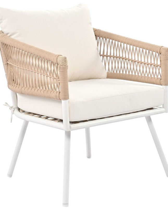 Six Piece White and Beige Metal Upholstered Cushions Sofa Seating Group With Table