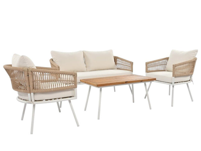 Six Piece White and Beige Metal Upholstered Cushions Sofa Seating Group With Table