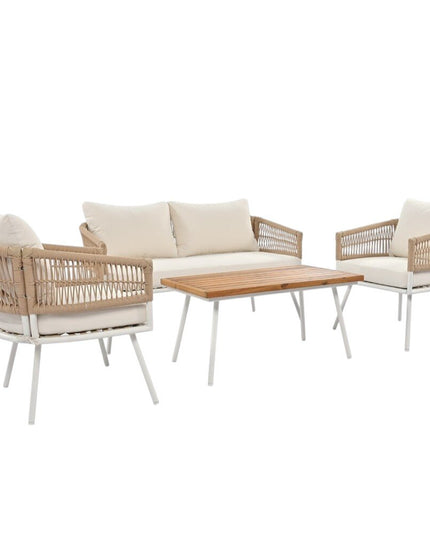 Six Piece White and Beige Metal Upholstered Cushions Sofa Seating Group With Table