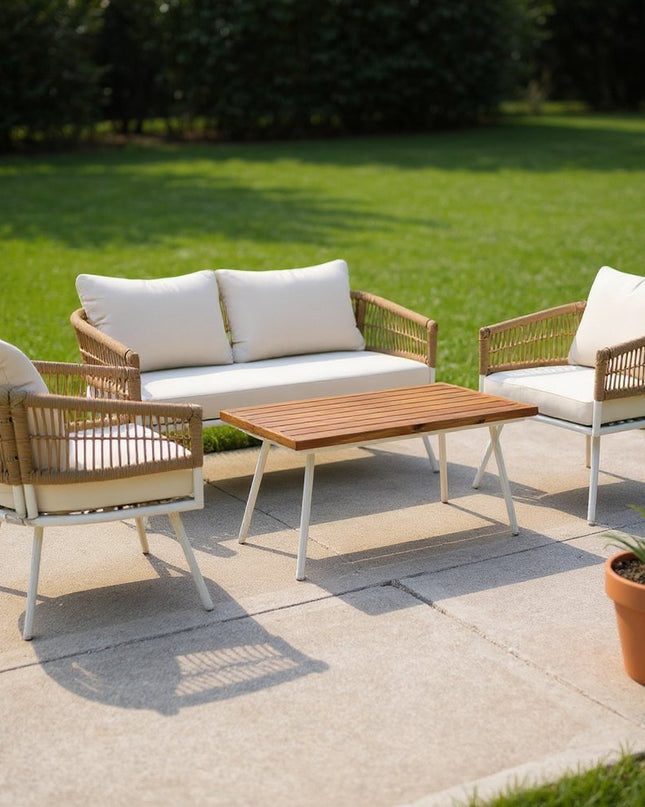 Six Piece White and Beige Metal Upholstered Cushions Sofa Seating Group With Table