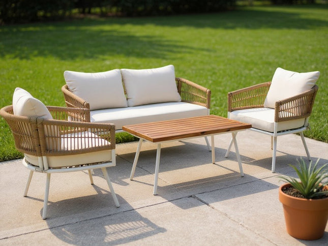 Six Piece White and Beige Metal Upholstered Cushions Sofa Seating Group With Table