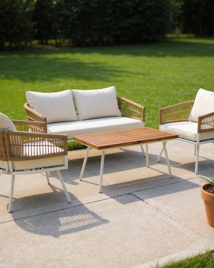 Six Piece White and Beige Metal Upholstered Cushions Sofa Seating Group With Table