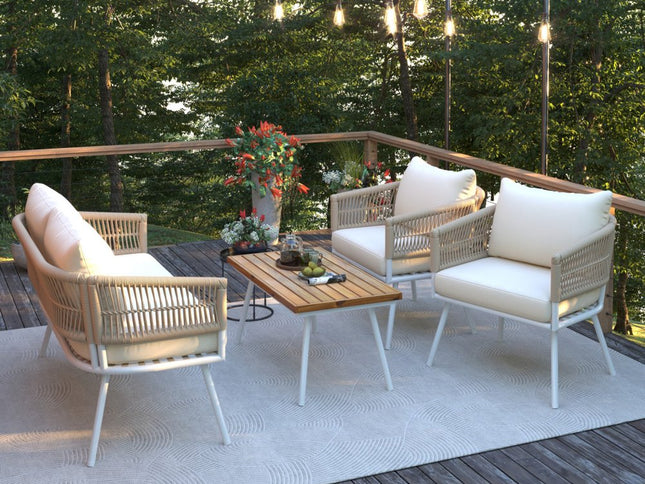 Six Piece White and Beige Metal Upholstered Cushions Sofa Seating Group With Table