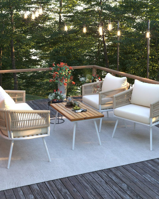 Six Piece White and Beige Metal Upholstered Cushions Sofa Seating Group With Table