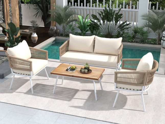 Six Piece White and Beige Metal Upholstered Cushions Sofa Seating Group With Table