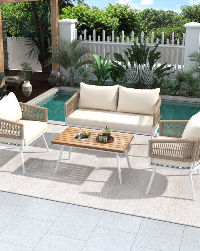 Six Piece White and Beige Metal Upholstered Cushions Sofa Seating Group With Table