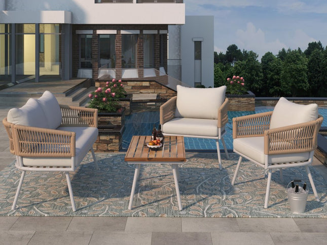 Six Piece White and Beige Metal Upholstered Cushions Sofa Seating Group With Table