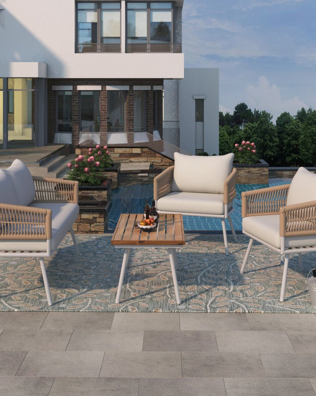 Six Piece White and Beige Metal Upholstered Cushions Sofa Seating Group With Table