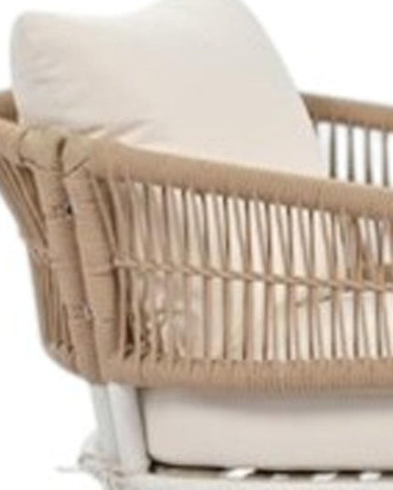 Six Piece White and Beige Metal Upholstered Cushions Sofa Seating Group With Table