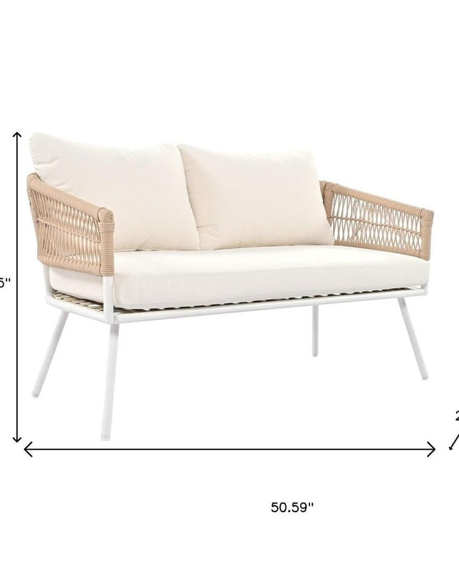 Six Piece White and Beige Metal Upholstered Cushions Sofa Seating Group With Table