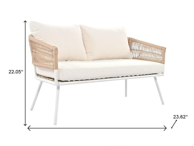 Six Piece White and Beige Metal Upholstered Cushions Sofa Seating Group With Table