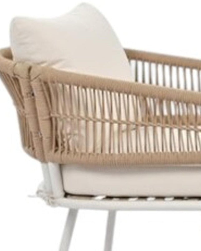 Six Piece White and Beige Metal Upholstered Cushions Sofa Seating Group With Table