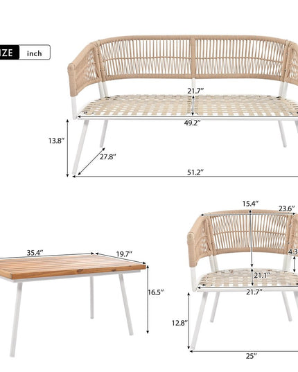 Six Piece White and Beige Metal Upholstered Cushions Sofa Seating Group With Table