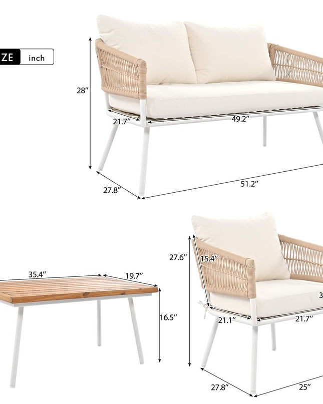 Six Piece White and Beige Metal Upholstered Cushions Sofa Seating Group With Table