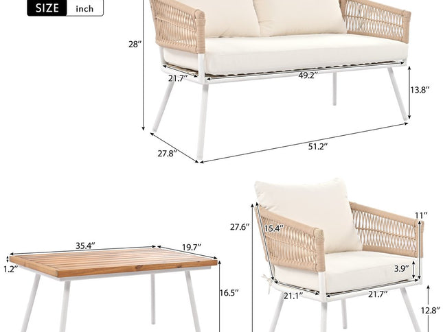 Six Piece White and Beige Metal Upholstered Cushions Sofa Seating Group With Table