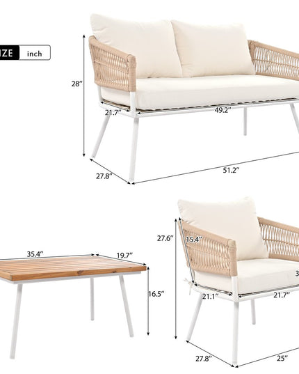 Six Piece White and Beige Metal Upholstered Cushions Sofa Seating Group With Table