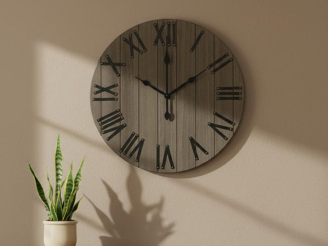 21" Gray And Black Rustic Wood Silent Analog Round Wall Clock